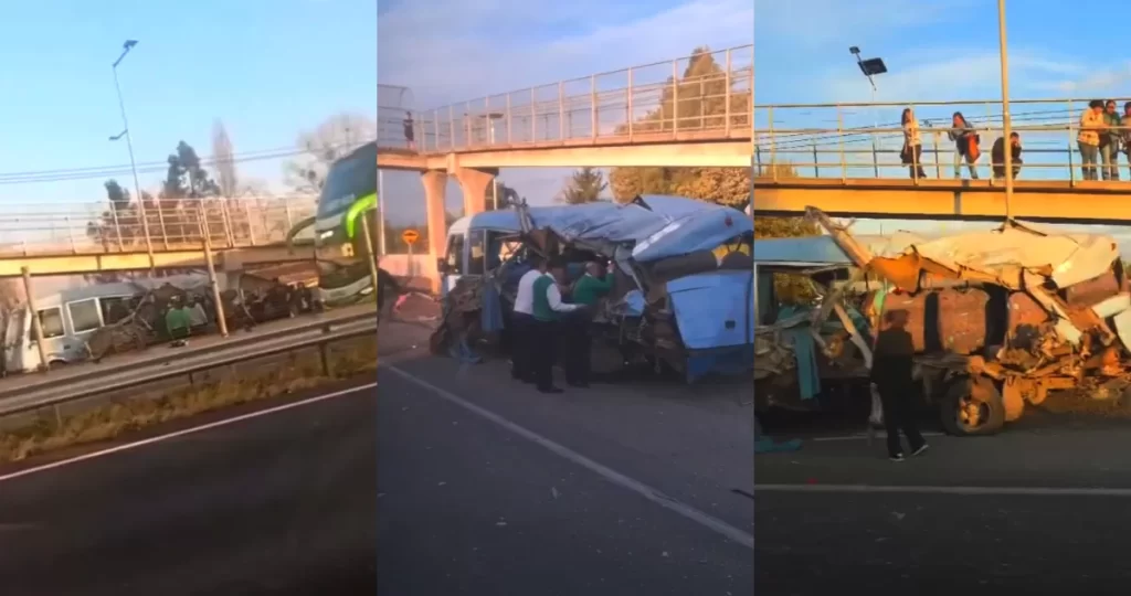 Minibús de pasajeros fue triturado por impacto de camión en Ruta 5 Sur en Teno y deja 25 lesionados