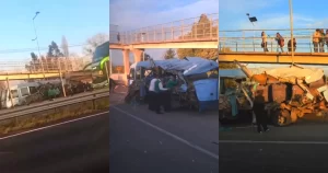 Minibús de pasajeros fue triturado por impacto de camión en Ruta 5 Sur en Teno y deja 25 lesionados